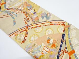 リサイクル　几帳に鴛鴦・御所車・草花模様織り出し袋帯